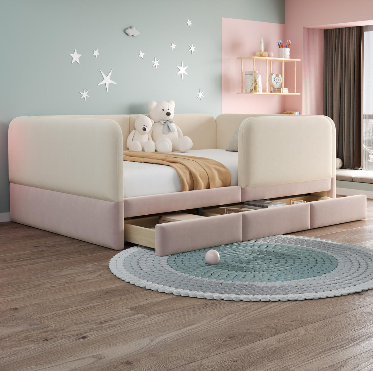 KINDER-POLSTERBETT 140x200 cm in Beige/Rosa mit 3 Schubladen und Sicherheitsumrandung - Beige, Textil (140/200cm) - IVMEU