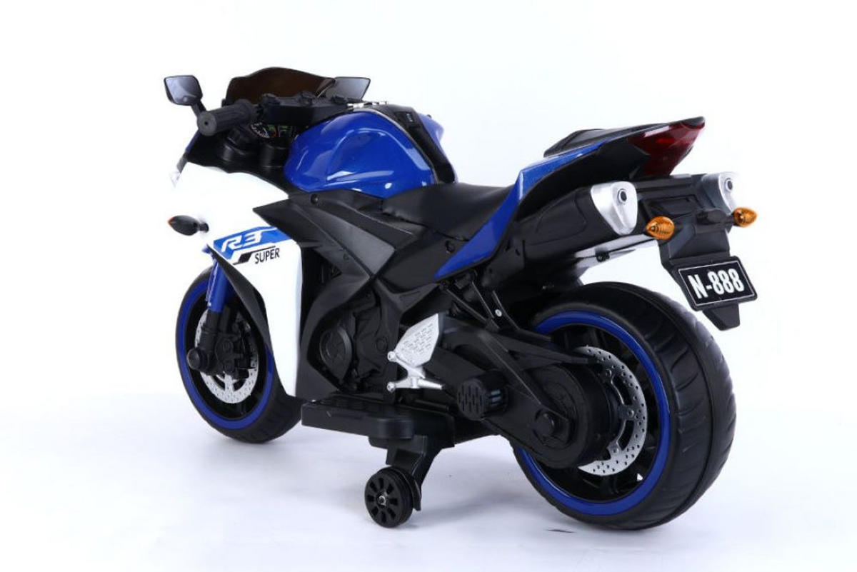 KINDER ELEKTROMOTORRAD 888 blau Stützräder, Musikfunktion, LED-Scheinwerfer, Batterieanzeige - Blau, Kunststoff (118/48/65cm) - Es-Toys