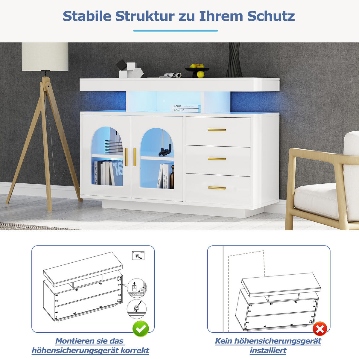 SIDEBOARD LED Weiß 120cm 16 Farben Hochglanz Stauraum - Weiß, Holzwerkstoff (40/80/120cm) - FLIEKS