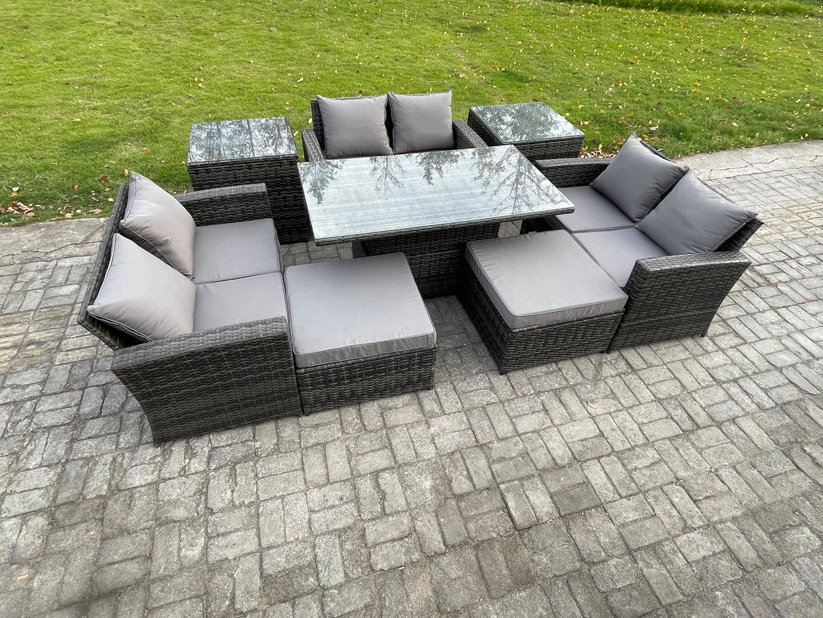 GARTENSOFA Hohe Rückenlehne Polyrattan Dunkelgrau 8-Sitzer - Dunkelgrau, Metall - Fimous