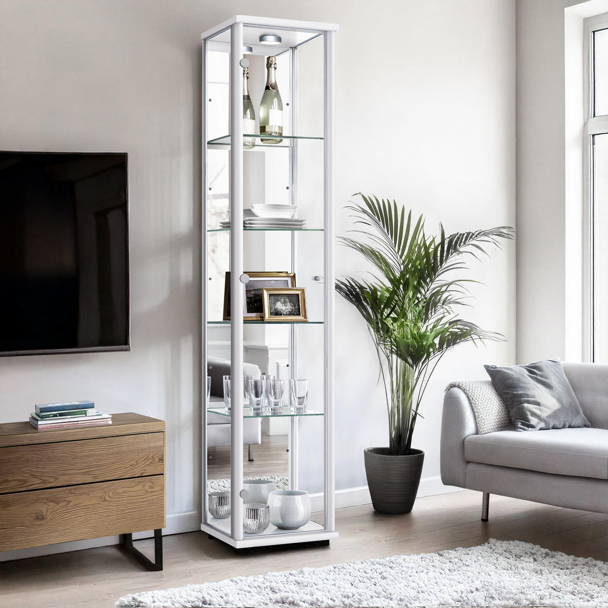 GLASVITRINE 33/37/176 cm mit Spiegel, LED & 4 höhenverstellbaren Glasböden - Transparent/Silberfarben, Glas/Holzwerkstoff (37/176/33cm) - K-Möbel