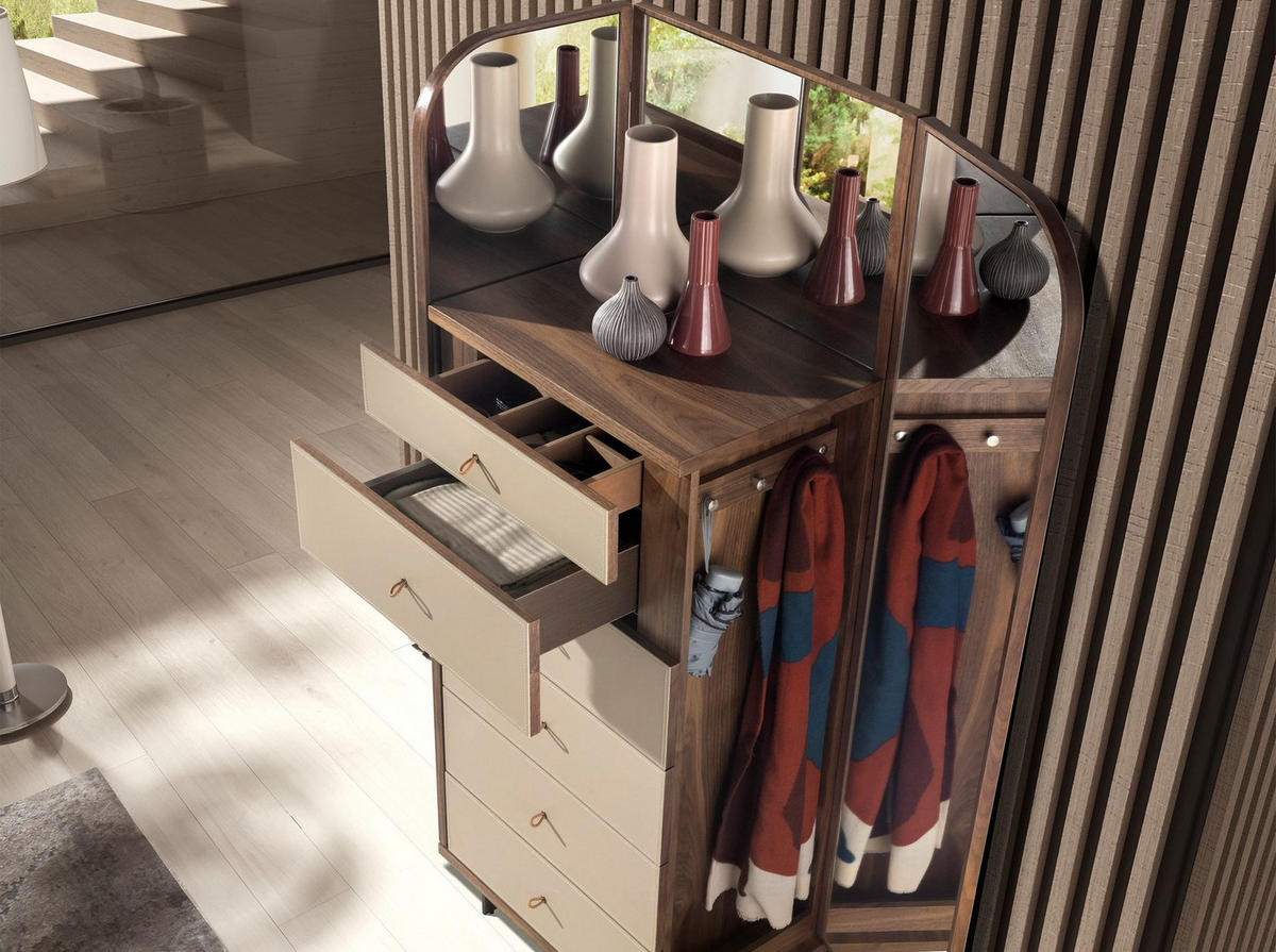 HIGHBOARD Chifonier Leder, Nussbaum und polierter Stahl mit Spiegel 65/42/168 cm - Silberfarben/Walnussfarben, Leder/Holz (65/168/42cm) - ANGEL CERDA