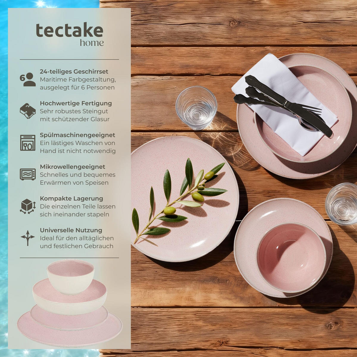 TAFELSERVICE Mare, ineinander stapelbar, rosa - Rosa, Keramik (26.5/2.5/26.5cm) - tectake