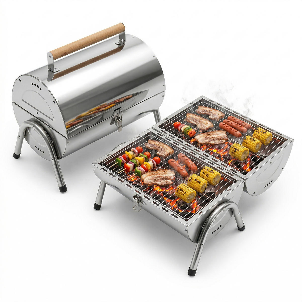TISCHGRILL - Silberfarben, Holz/Metall (41.5/35/24.5cm) - Relaxdays