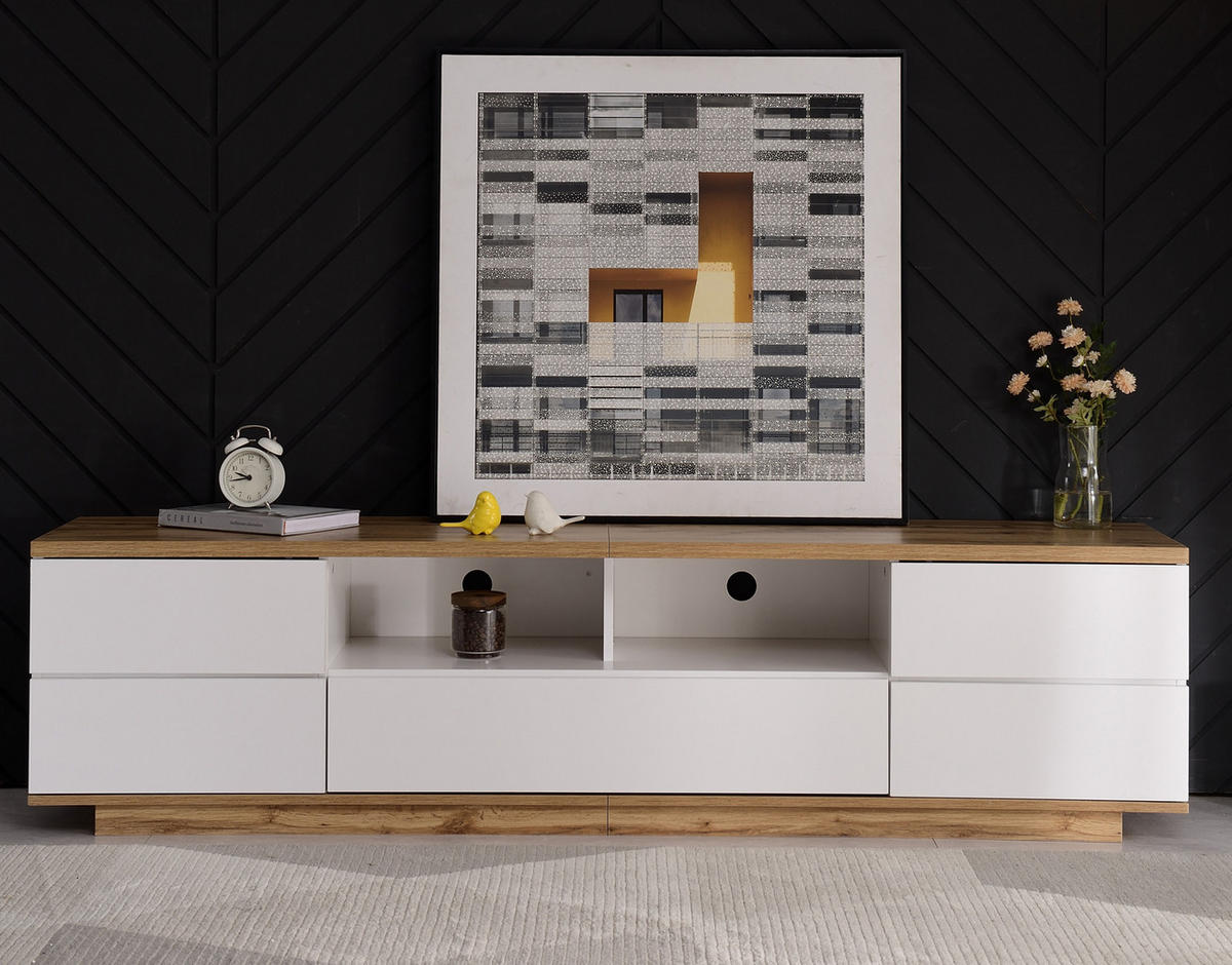 TV-SCHRANK in Weiß und Holzoptik mit 5 Türen und offenen Fächern 180/46/38 cm - Weiß, Holzwerkstoff (180/46/38cm) - Redom