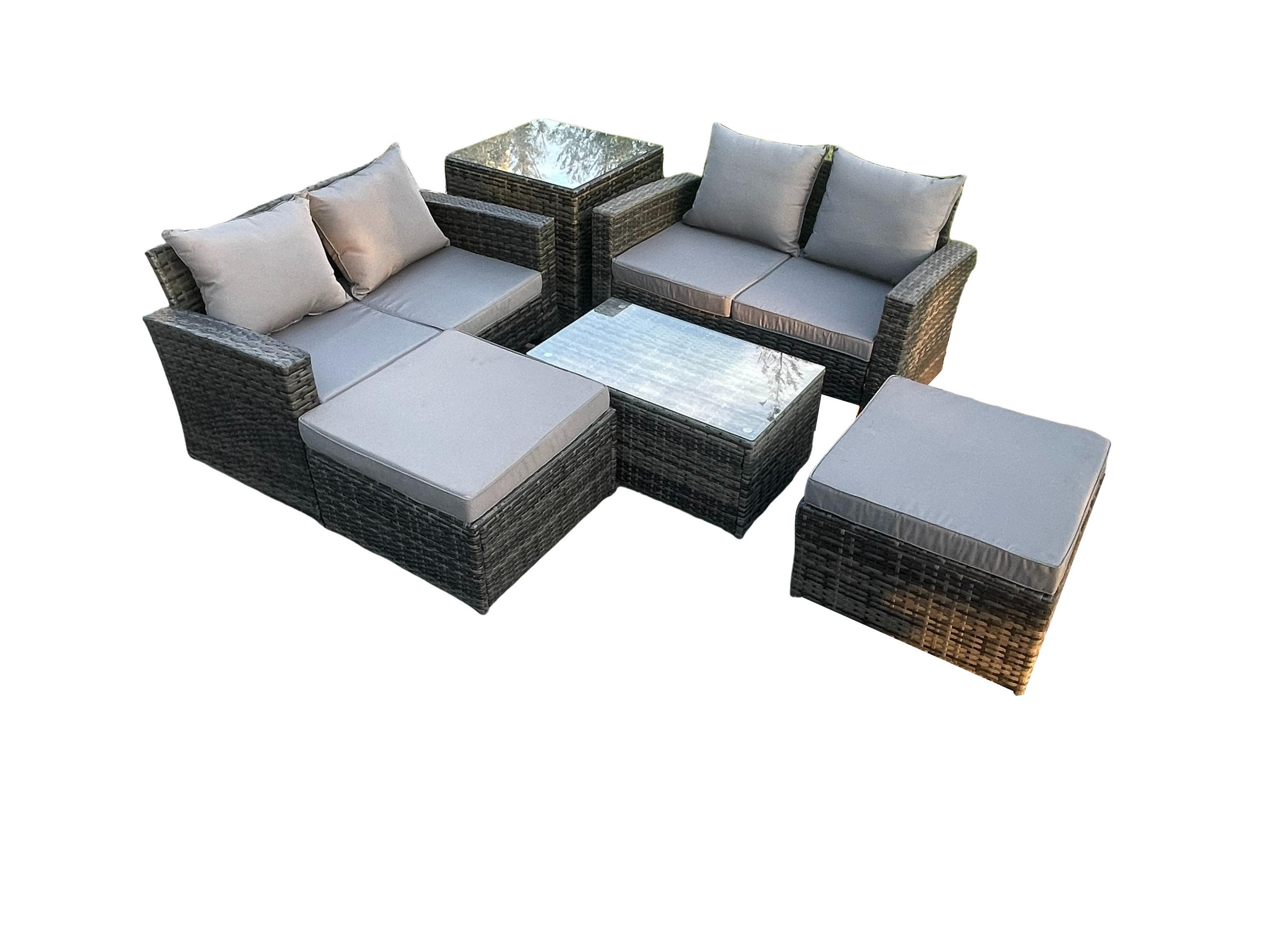 GARTENMÖBEL SET MIT BEISTELLTISCH COUCHTISCH 2 HOCKER Polyrattan Dunkelgrau Gemischt 6-Sitzer - Dunkelgrau, Metall - Fimous