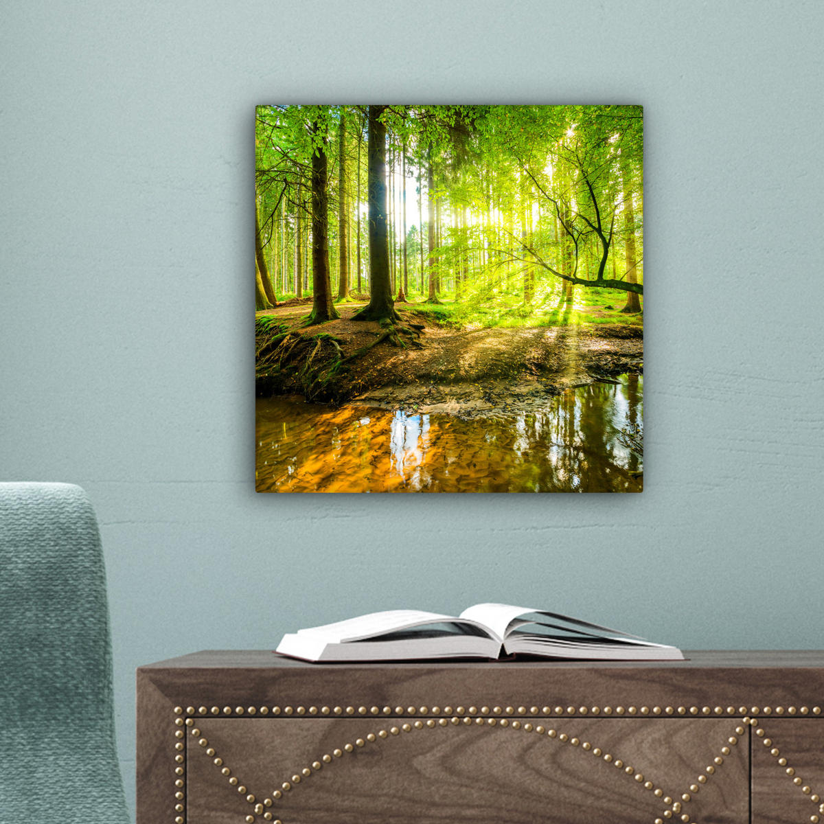 LEINWANDBILD Wald - Landschaft - Wasser - Bäume - Sonne - Grün - Natur 20x20 cm - Grün, Textil (20/20cm) - MuchoWow