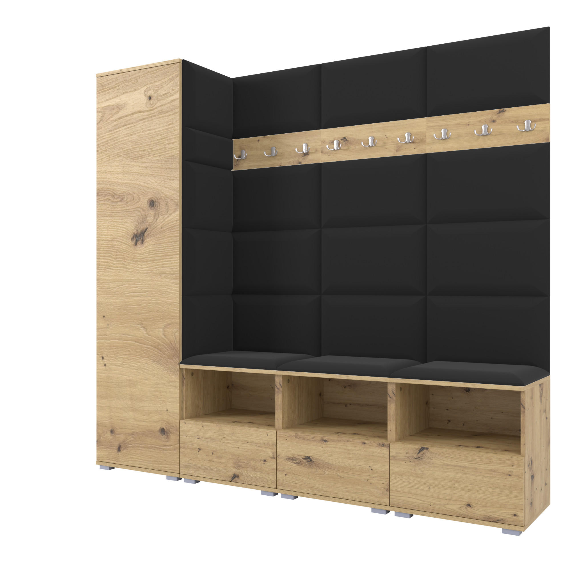 GARDEROBE NELA IX 200 cm (Modulare Flurmöbel Artisan Eiche mit Sitzpolster Schwarz 16 Breite Sitzbank) - Silberfarben/Schwarz, Holz/Holzwerkstoff (200/187/40cm) - Ravio