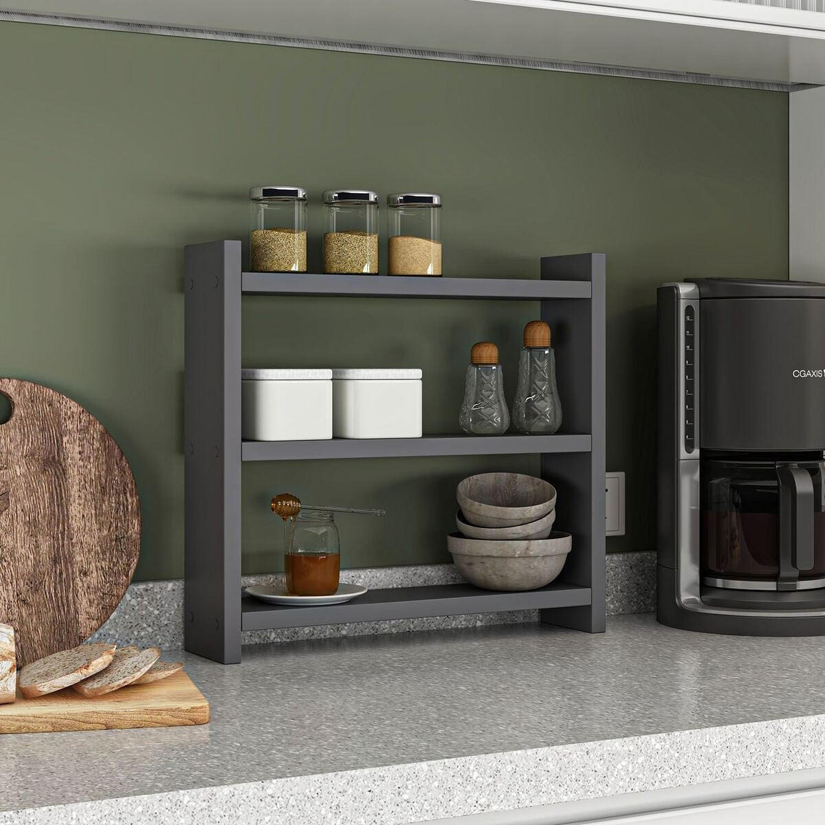 WANDREGAL für die Küche mit 3 Ablagen 44/10/40 cm - Anthrazit, Holzwerkstoff (10/40/44cm) - Calicosy