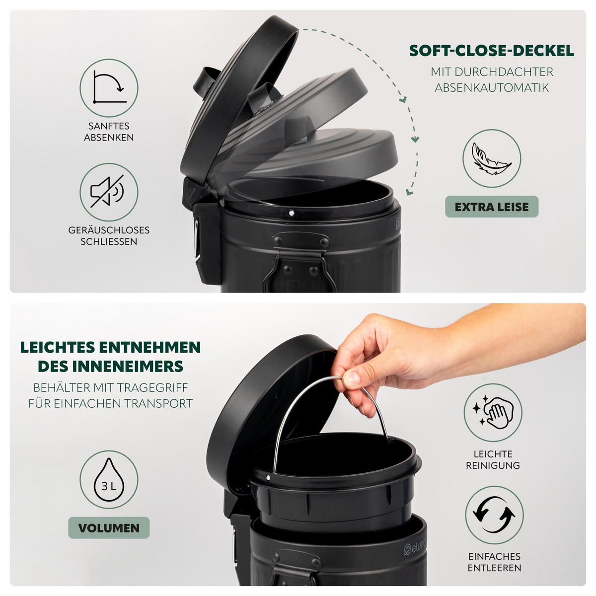 KOSMETIKEIMER 3 Liter, schwarz, Metall - Schwarz, Metall (17/27/20.5cm) - eluno