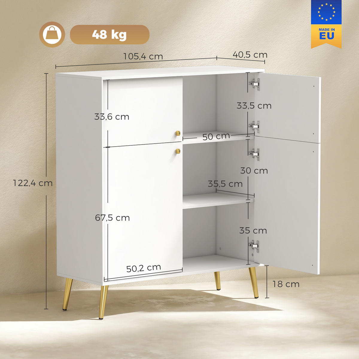 SIDEBOARD av spånskiva och metall, krämvit - Cremefärgad/Guldfärgad, Träbaserade material/Metall (40.5/122.4/105.4cm) - HOMCOM