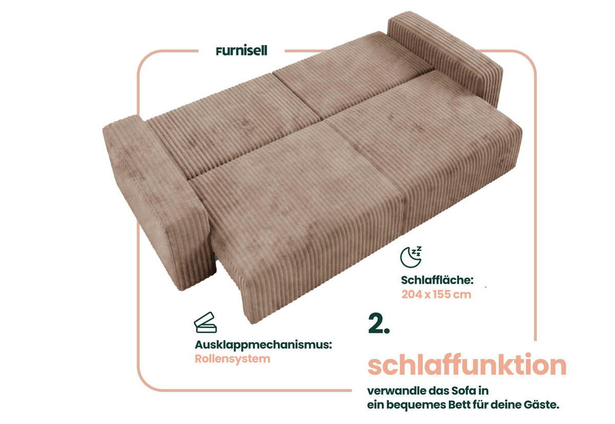SCHLAFSOFA 4-Sitzer Cord Brown - Braun, Textil (244/70/102cm) - Furnisell