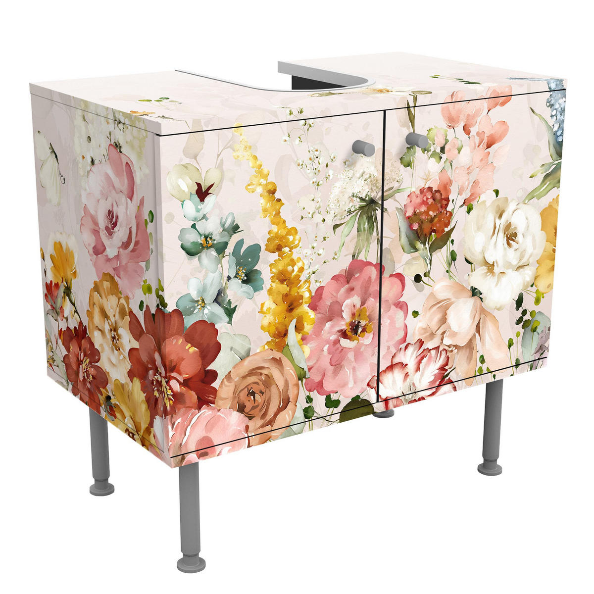WASCHBECKENUNTERSCHRANK Rankende Blumen Aquarell Vintage 60/55/35 cm - Pastellblau, Holzwerkstoff (60/55/35cm) - Bilderwelten