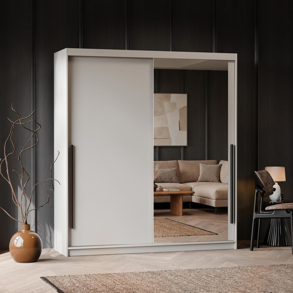 SILENTE 180 cm Schiebetürenschrank mit Einlegeböden und Kleiderstange - Beige, Holzwerkstoff (180/205/60cm) - Idohome