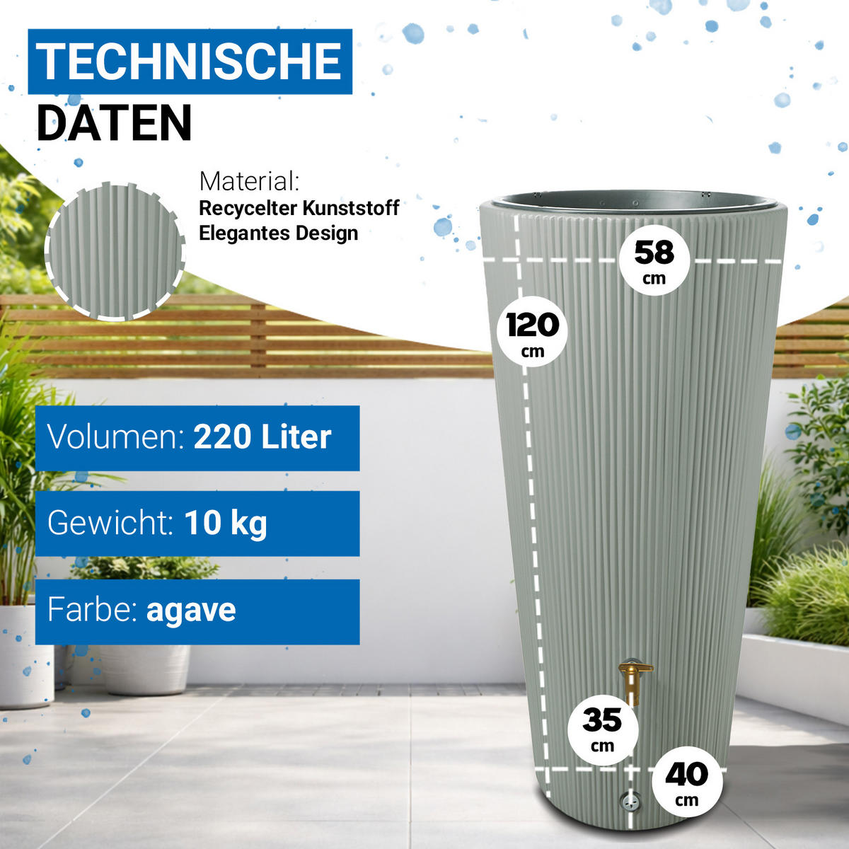 2IN1 Regentonne 220 L, agave inkl. Pflanzschale - Grün, Kunststoff (58/120/58cm) - 4rain