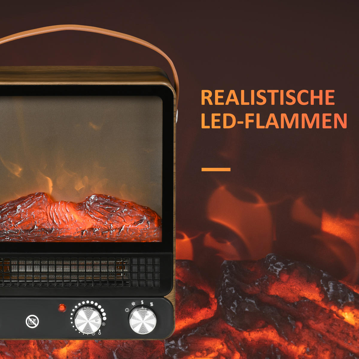 ELEKTROKAMIN mit Flammeneffekt, 750/1500W, für Wohnzimmer & Innenräume - Braun, Metall (17.5/37.4/30.3cm) - HOMCOM