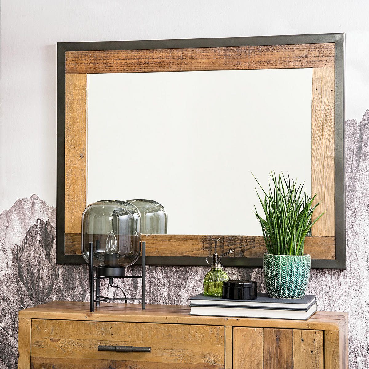 SPIEGEL - Pinie massiv / Metall - Schwarz/Pinienfarben, Holz (90/70/3cm) - home24