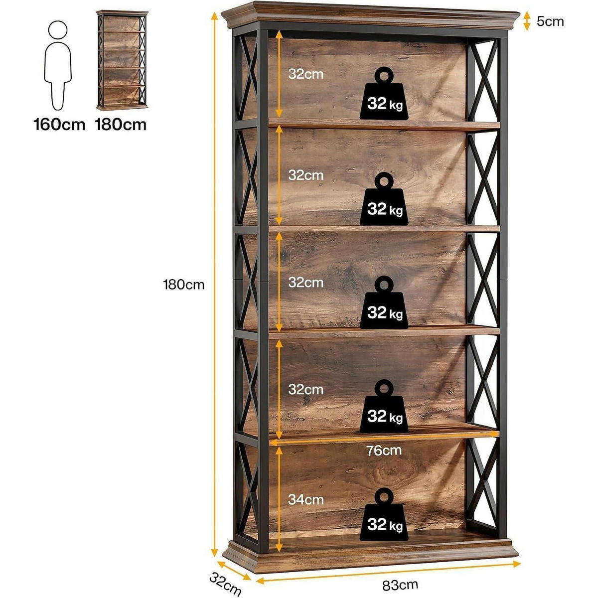 BÜCHERREGAL 180cm Holz Metall Vintagebraun - Braun, Holzwerkstoff (30/180/80cm)