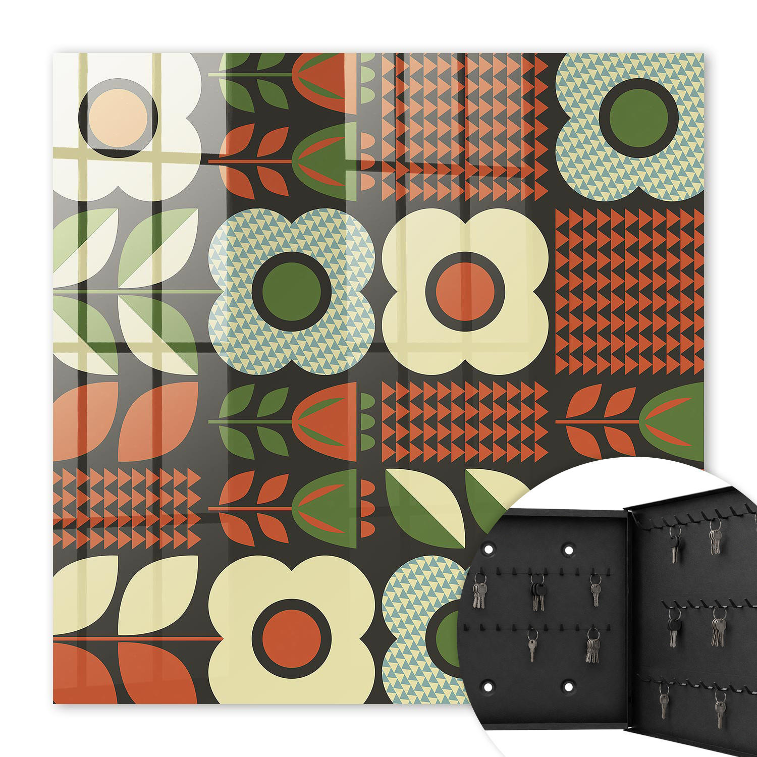 SCHLÜSSELBOX Schwarz 30x30 cm- Türöffnung nach rechts - Fröhliche Blumen - Rot, Metall (30/30/5cm) - TULUP