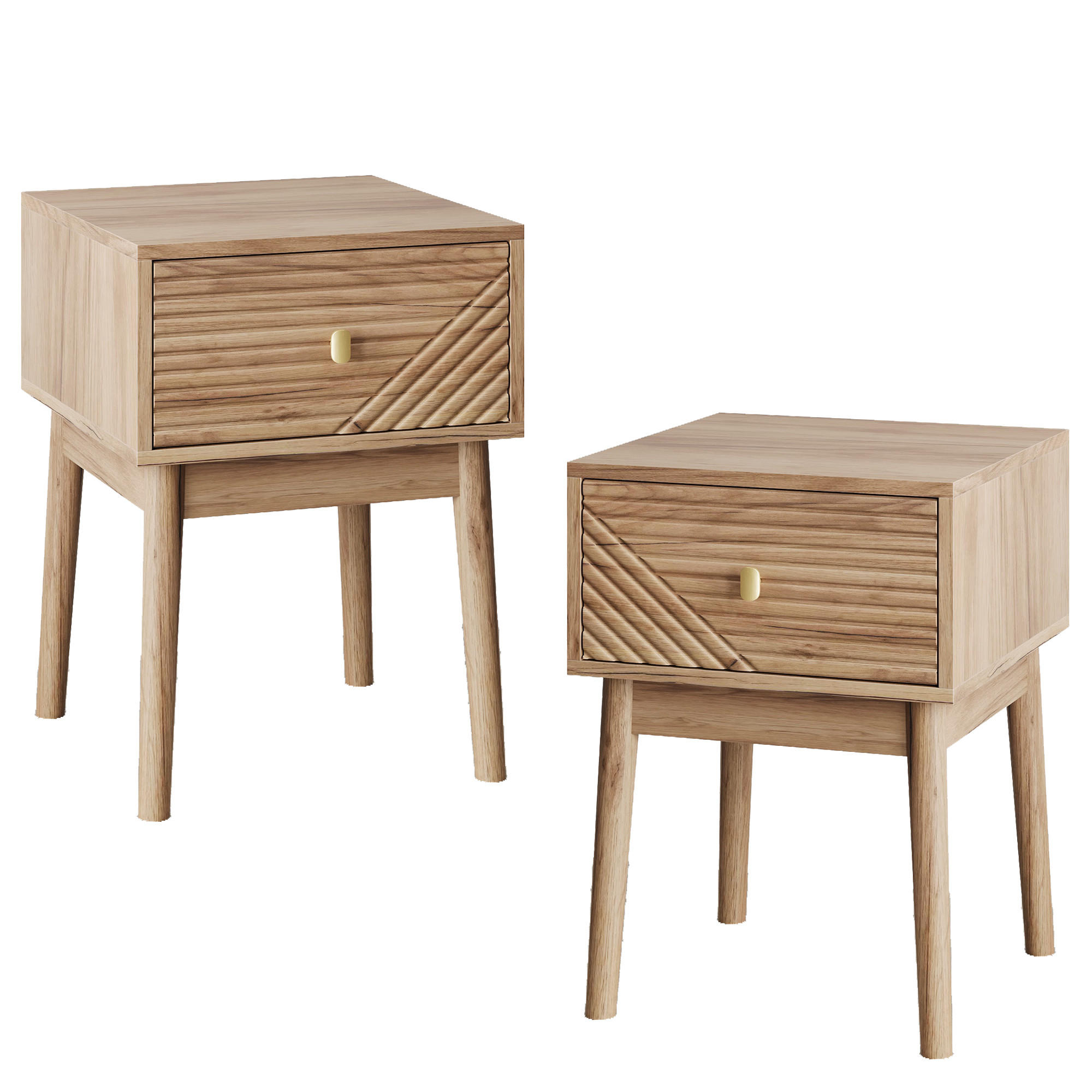 NACHTTISCH Set 2er Eiche 40 cm – Mid Century Nachtkonsole mit Strukturfront & Metallgriff - Eichefarben, Holzwerkstoff (40/55/40cm) - Urban Meuble