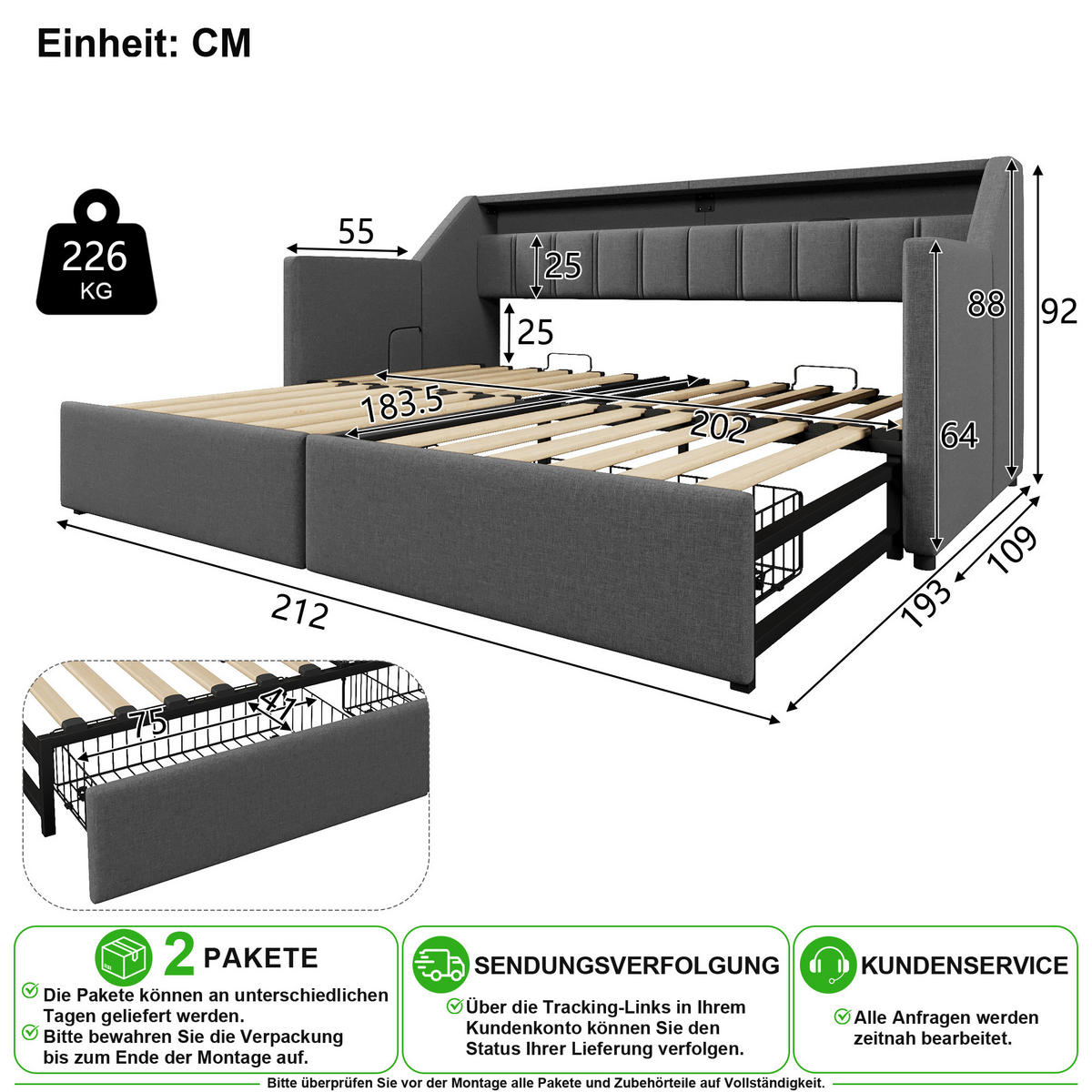 VÝSUVNÁ POSTEL 90/200 cm v šedé barvě s LED, USB, Type-C a 2 zásuvkami - šedá, kompozitní dřevo/textil (90/200cm) - CHICFURN