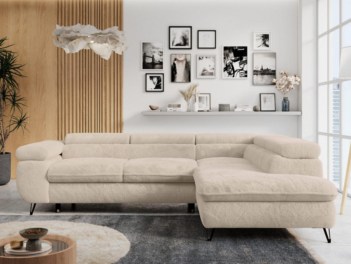 ECKSOFA PETER L Dunkelgrau Plüsch - Rechts Seite - Ecru/Schwarz, Textil/Metall (273/208cm) - MKS
