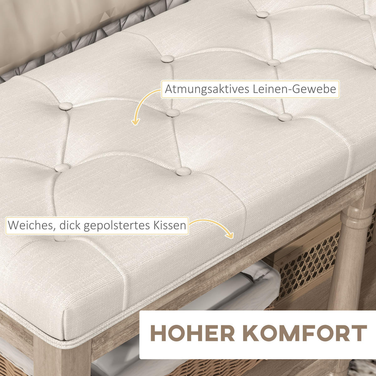 SCHUHBANK mit Sitzfläche, Stauraum und weichem Kissen, Flur, Creme - Weiß, Kunststoff (40/48/115cm) - HOMCOM