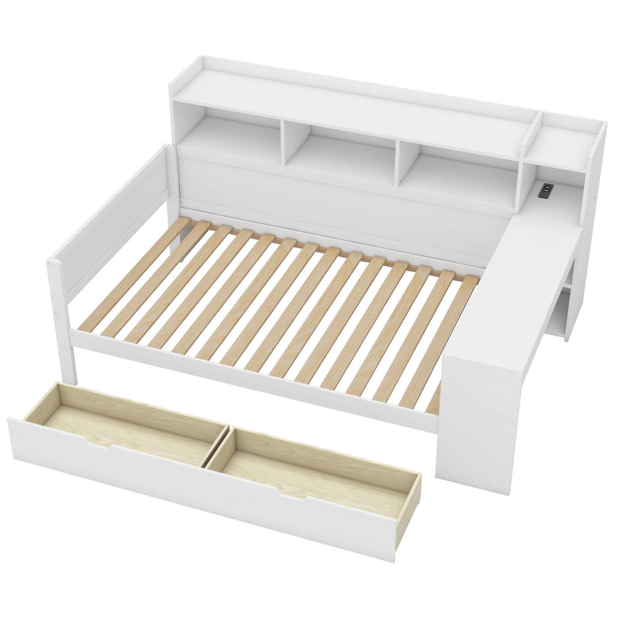 BETT 90/200 cm in Weiß mit Schreibtisch, USB-Anschluss und 2 Schubladen - Weiß, Holzwerkstoff (90/200cm) - BEAOK