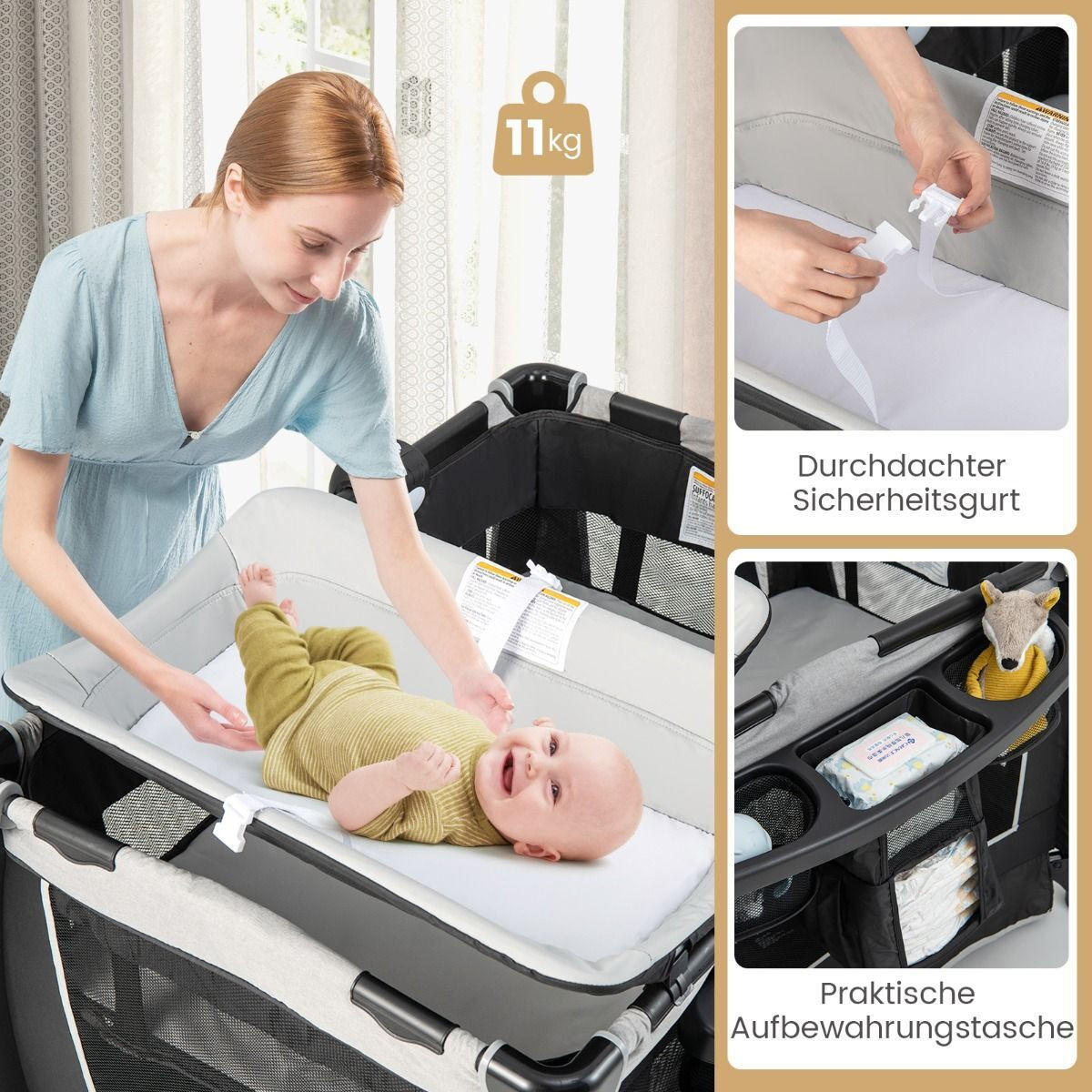 REISEBETT mit Matratze grau - Grau, Textil - COSTWAY