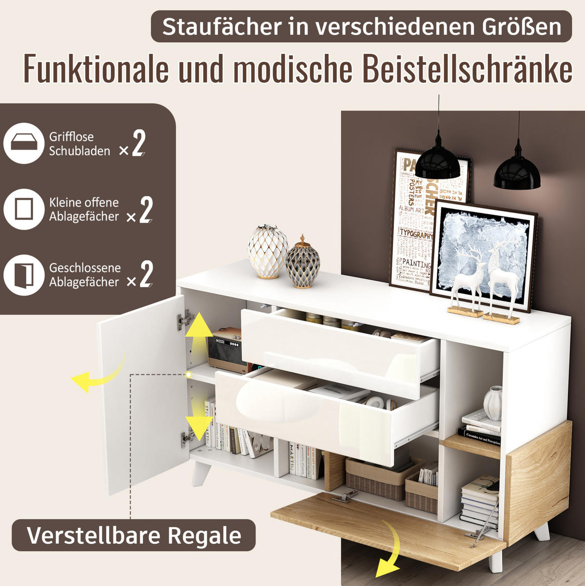 SIDEBOARD 130/40/70 cm Weiß/Eichefarben aus Spanplatte mit Stauraum - Weiß, Holzwerkstoff (40/70/130cm) - OKMYHOME