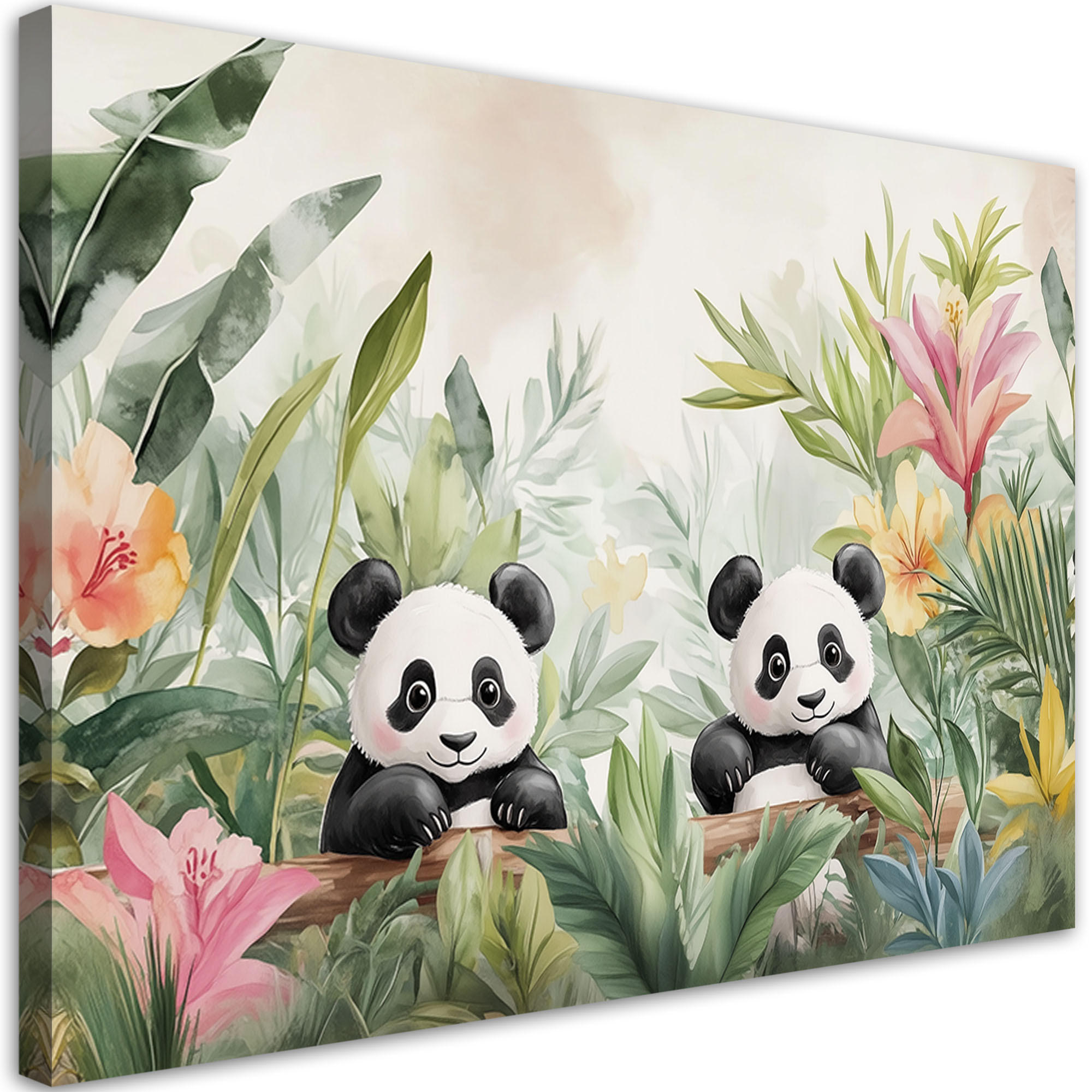 WANDBILD für kinderzimmer pandas in blumen und pflanzen - Grün, Textil (60/40cm) - Feeby