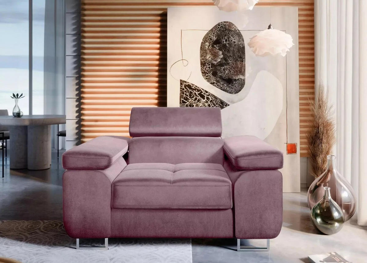 SESSEL WILD mit verstellbare Kopfstütze Velours Rosa - Chromfarben/Rosa, Holz/Textil (138/100/101cm) - Muffo