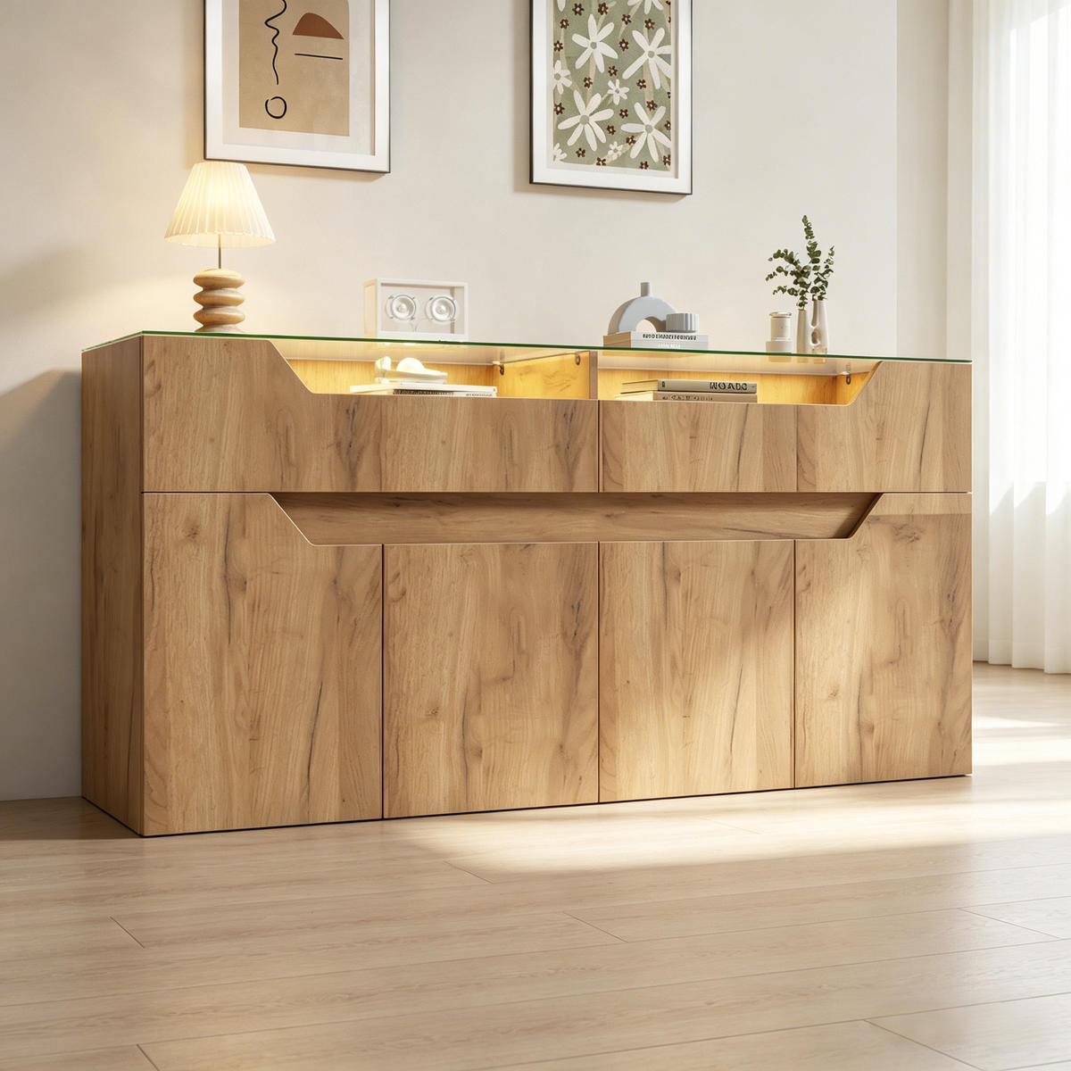 SIDEBOARD in Holzoptik Aufbewahrungsschrank mit 2 Schubladen und gehärteter Glasplatte, 140/40/70cm,für Esszimmer & Wohnzimmer - Naturfarben, Glas/Holzwerkstoff (140/70/40cm) - STILVORA