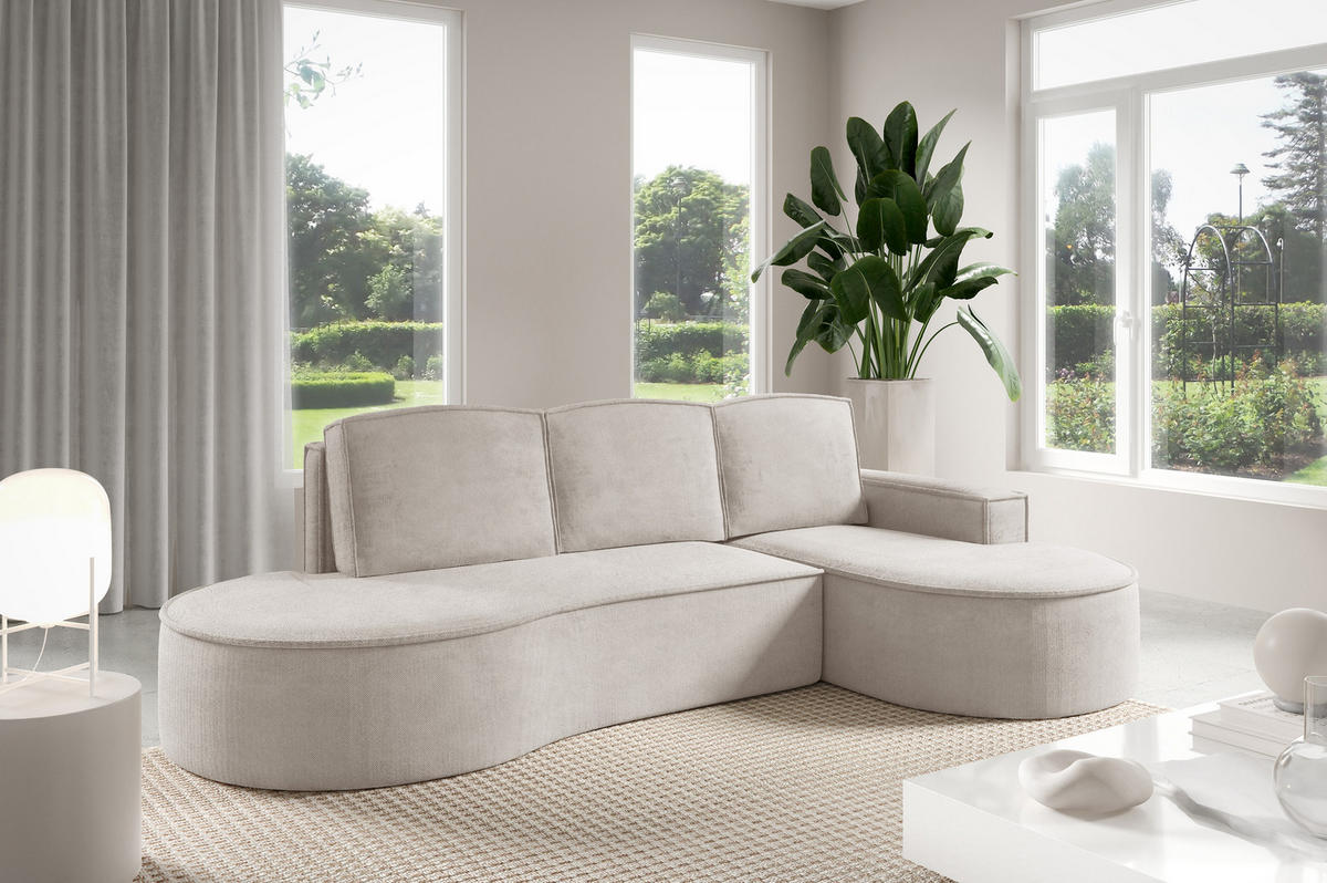 ECKSOFA MOLLY mit Schlaffunktion – Halbrund, freistehend, Liegefläche 140x207 cm, 3 Kissen, Curio-Stoff, 277x157x88 cm, Rechts, Weiß - Creme, Holz/Textil (277/157cm) - DomoHome