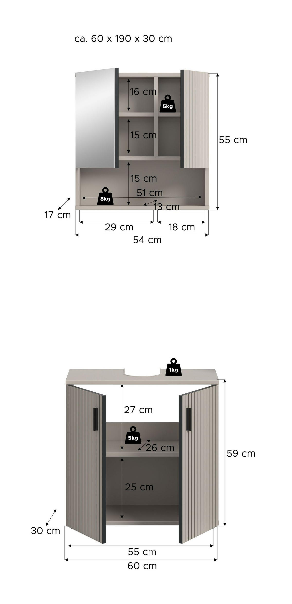 BAD-SET MONE 2-tlg. (B/H/T: ca. 60/192/30 cm) in Kaschmir/Kaschmir - Kaschmir, Holzwerkstoff (60/192/30cm)