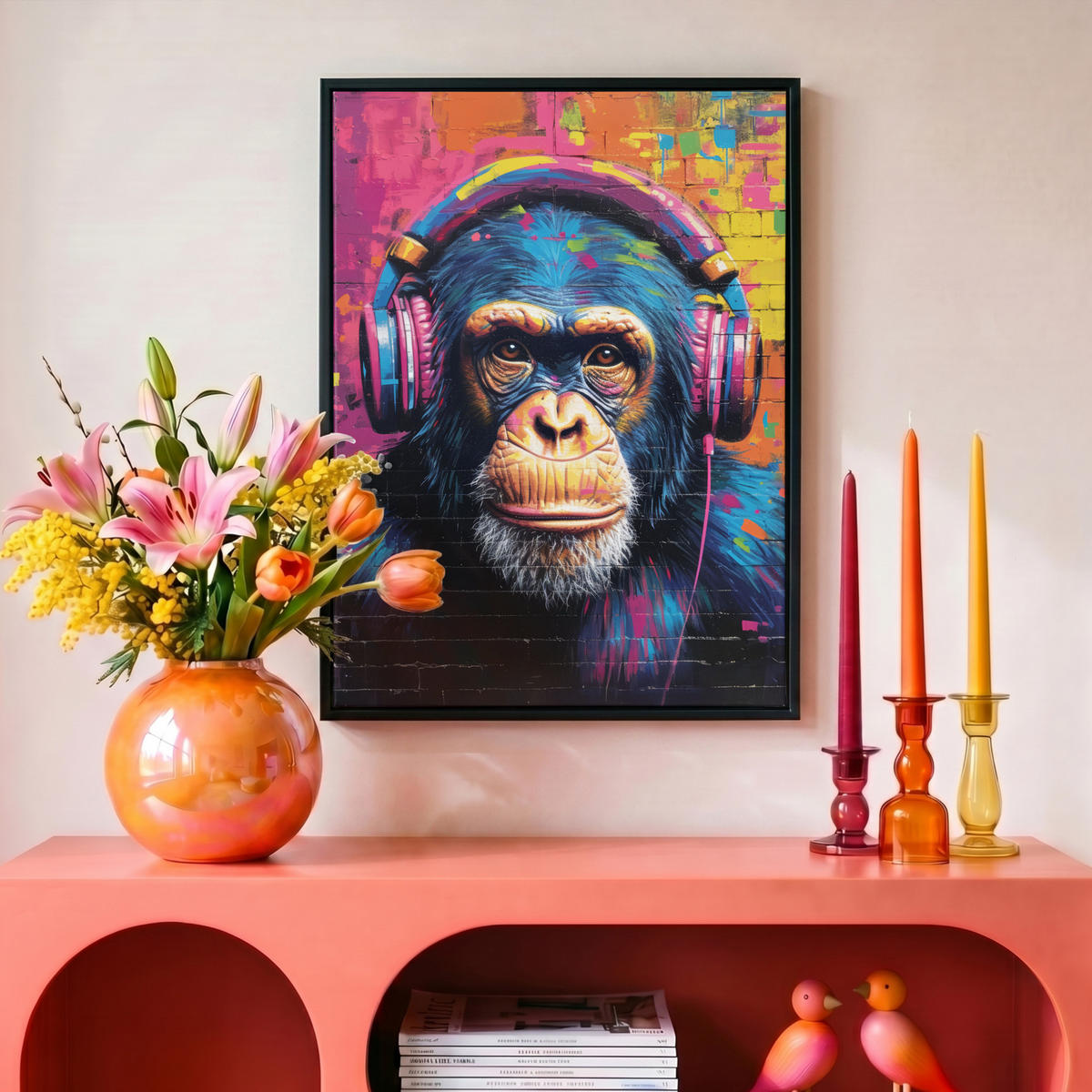 LEINWAND Bilder mit Rahmen - Graffiti - Schimpanse - Straßenkunst - Kopfhörer - Affe - 30x40 - Blau, Textil (30/40cm) - MuchoWow