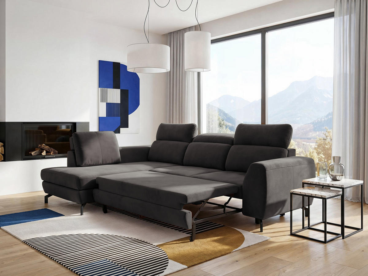 ECKSOFA ANTE Links, mit Schlaffunktion und Bettkasten, Dunkelgrau - Dunkelgrau, Textil/Metall (266/184cm) - Idohome