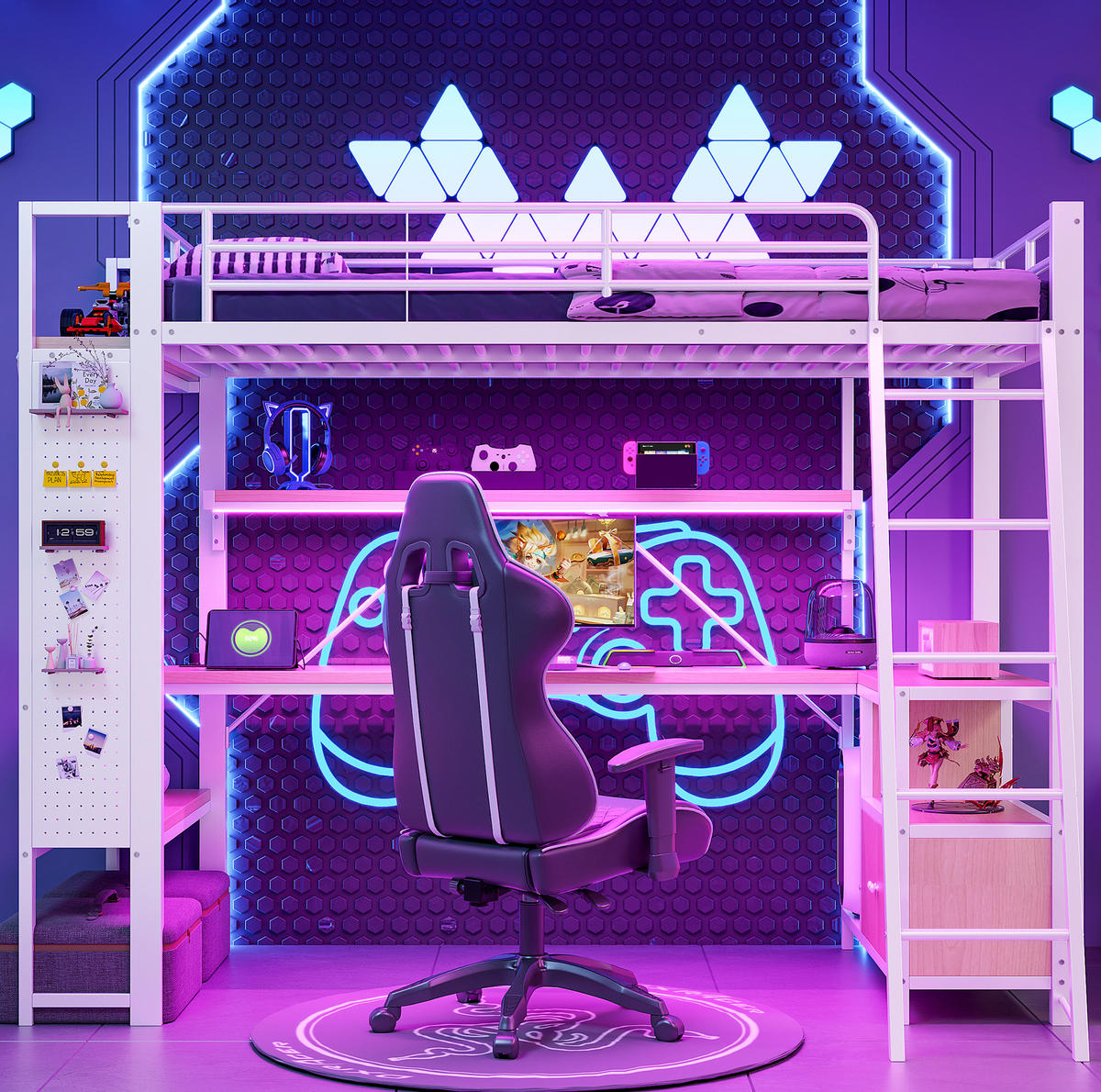 HOCHBETT 90/200 cm aus Metall/MDF mit Schreibtisch, LED-Lichtleiste und Stauraum Weiß - Weiß, Metall (90/200cm) - Modenvie