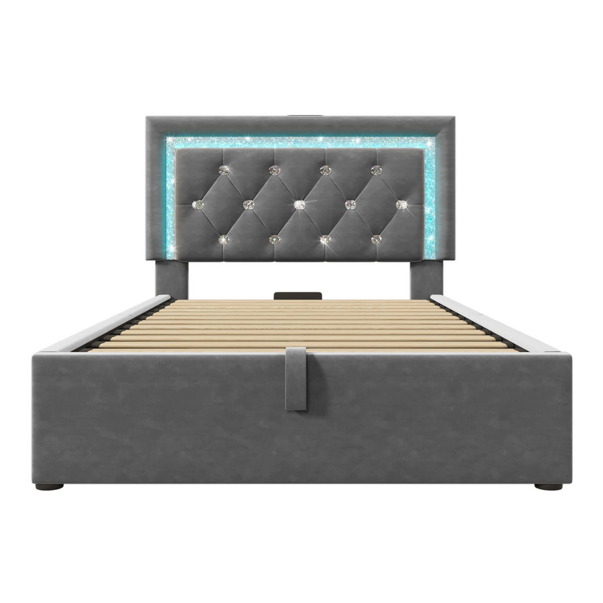 SAMT-POLSTERBETT 90/200 cm mit LED-Beleuchtung, Bettkasten und gepolstertem Kopfteil - Grau, Textil (90/200cm) - BEAOK