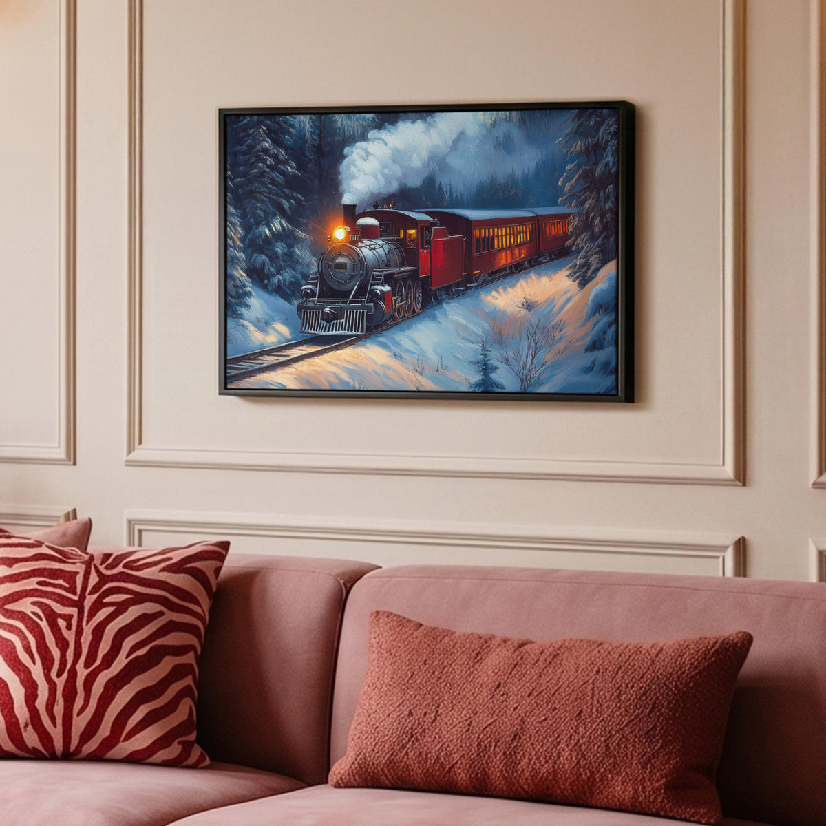 LEINWAND Bilder mit Rahmen - Zug - Weihnachten - Schnee - Weihnachtszug - 60x40 - Anthrazit, Textil (60/40cm) - MuchoWow