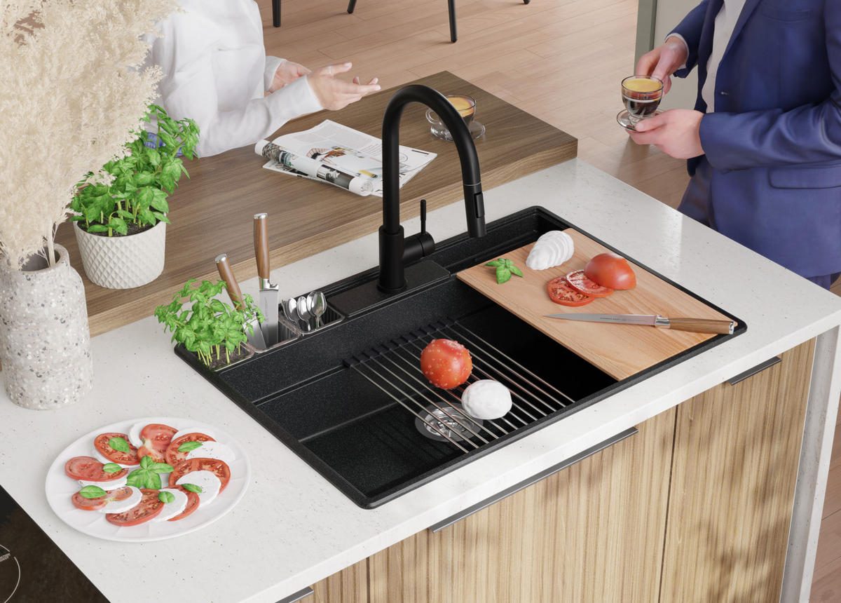 SPÜLBECKEN New York, 2-er set Anthrazit 78/53 cm 1 Becken + Ablauf-Set + Küchenzubehörset ab 80er Unterschrank - Chromfarben/Anthrazit, Kunststoff (78/20/53cm) - Primagran