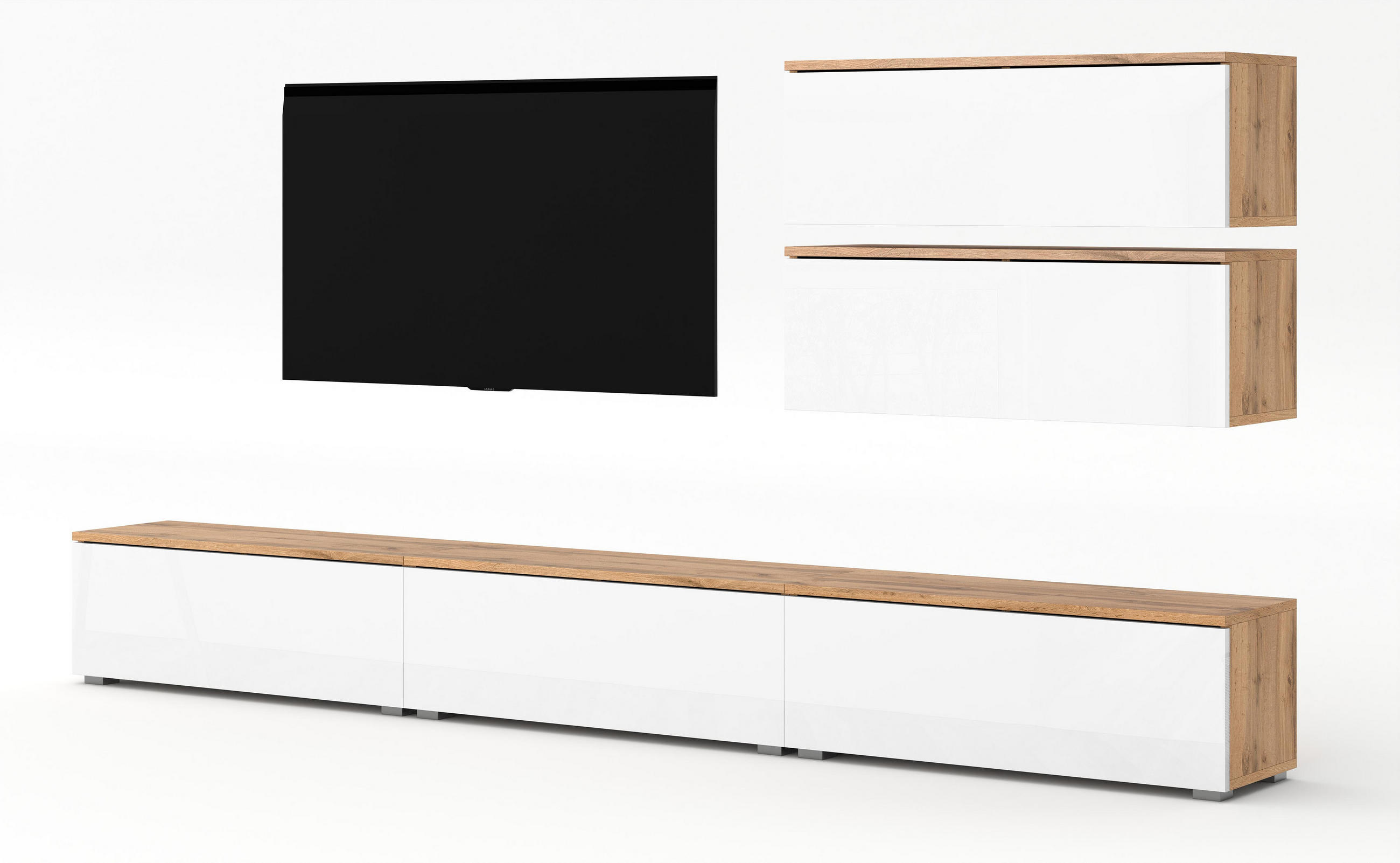 WOHNWAND Loriano V Wotan, Weiß Hochglanz 300/104,5/32 cm – Hängend und Stehend - Braun/Weiß, Holzwerkstoff/Kunststoff (300/104.5/32cm) - AX Living