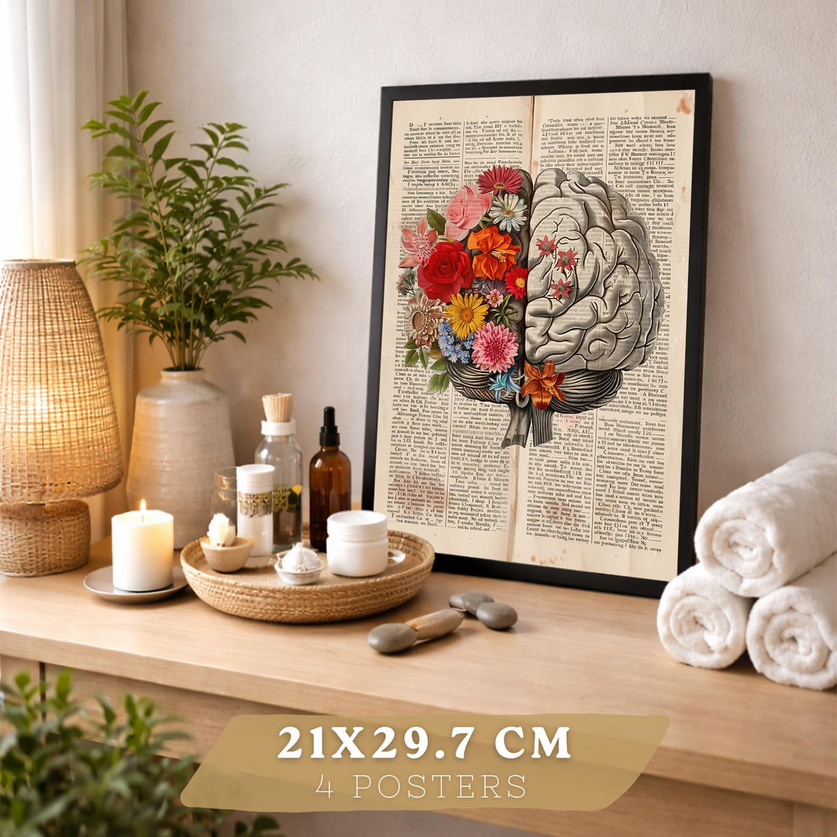 POSTER Set aus 4 Anatomie Drucke und Wandbilder mit Herz Gehirn Skelett und Darm Antiker Hintergrund Wanddekoration Größe Schwarzer Rahmen A4 - Schwarz, Papier (21/29.7/3cm) - Nacnic
