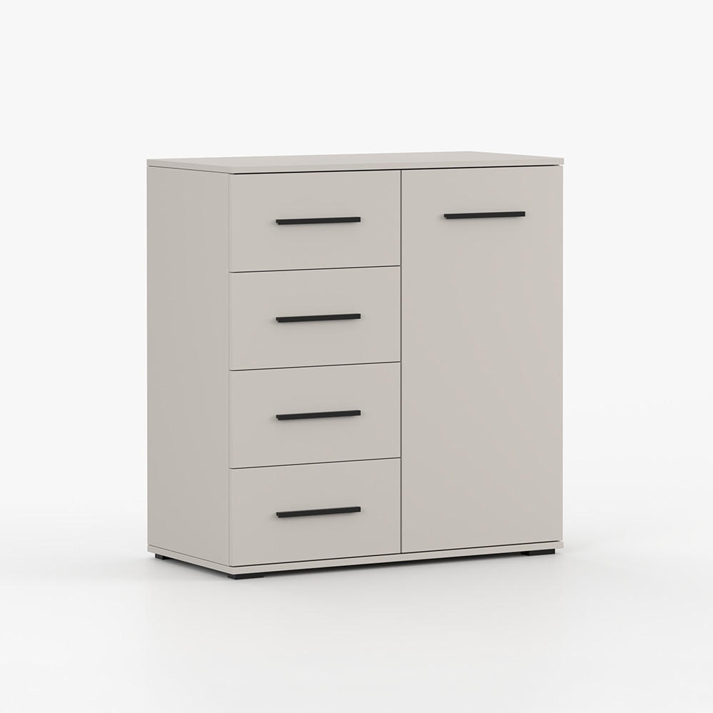 KOMMODE FRIDA MINI 01 KK 90 cm Kaschmir/Kaschmir, vier Schubladen, eine Drehtür, schwarze Griffe - Kaschmir/Schwarz, Holzwerkstoff/Kunststoff (90/96/45cm) - imoebel24