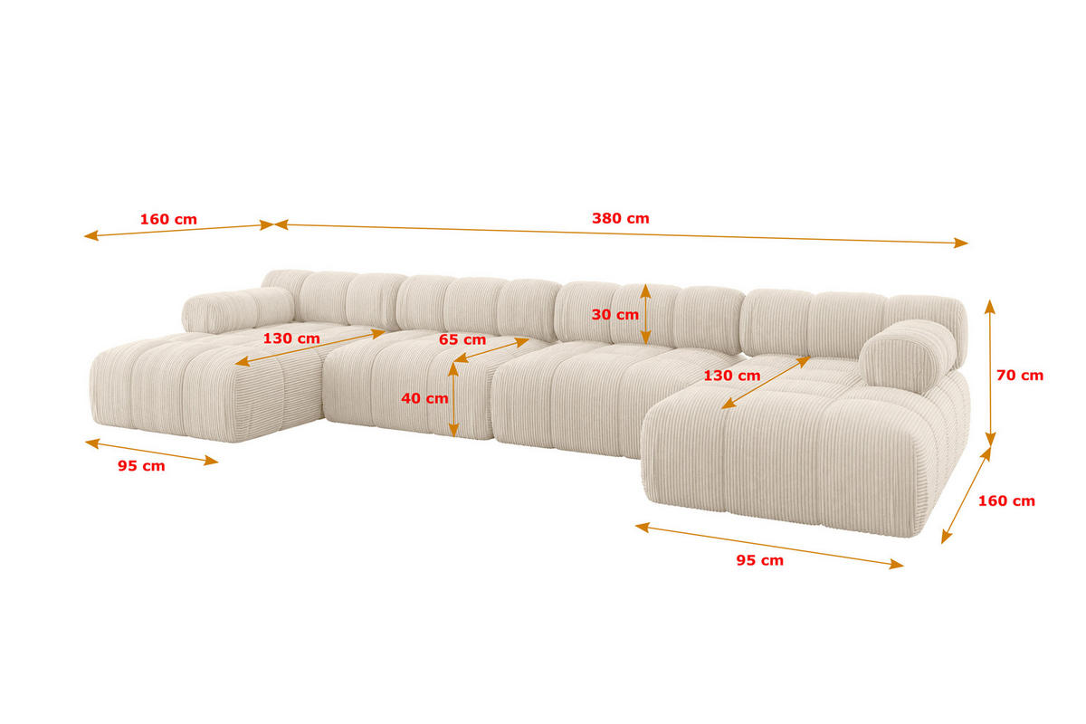 WOHNLANDSCHAFT modulares Sofa Tesso-U2 - 380x160x70 cm Beige Cord - Beige, Holzwerkstoff/Textil (380/70/160cm) - ALTDECOR