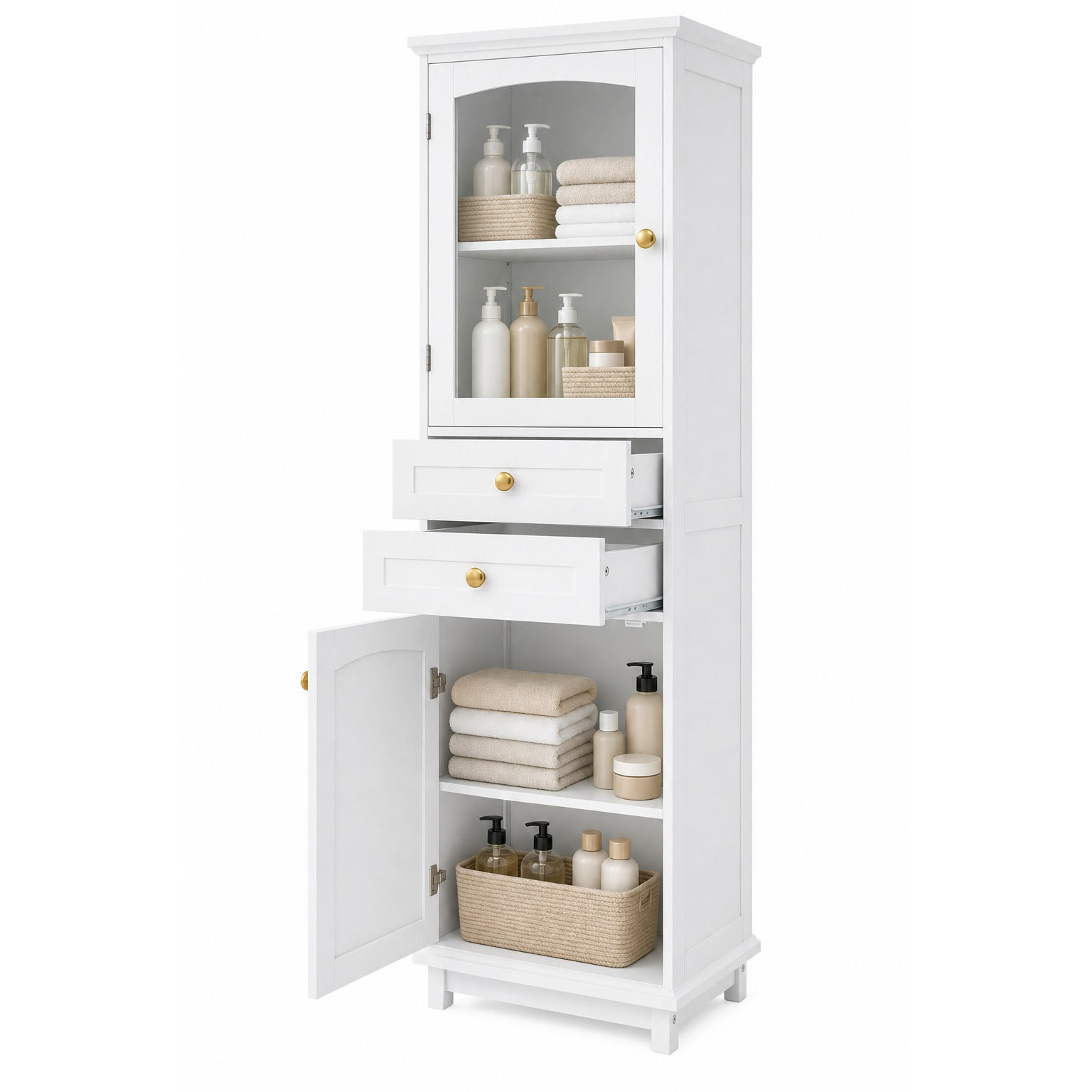 HOCHSCHRANK in Weiß Badezimmerschrank mit Glastüren und Schubladen für Badezimmer, B45/T36/H160 cm - Transparent/Weiß, Holzwerkstoff (45/160/36cm) - STILVORA