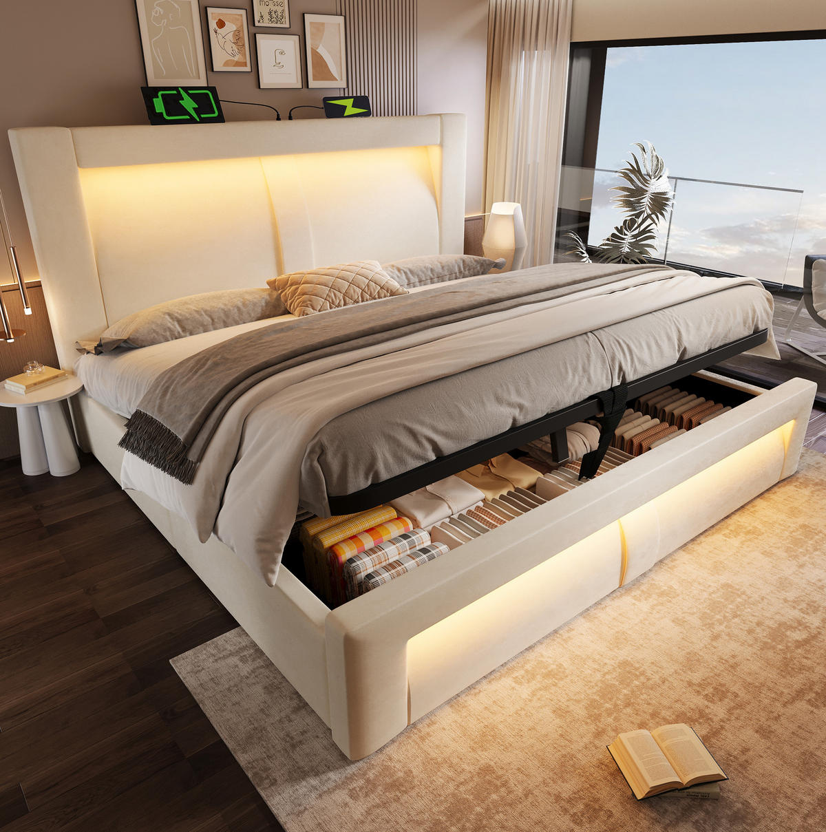 ČALOUNĚNÁ postel ze sametu 180x200 cm béžová s LED, USB a Type-C, hydraulickým úložným prostorem - béžová, textil (180/200cm) - Modfu
