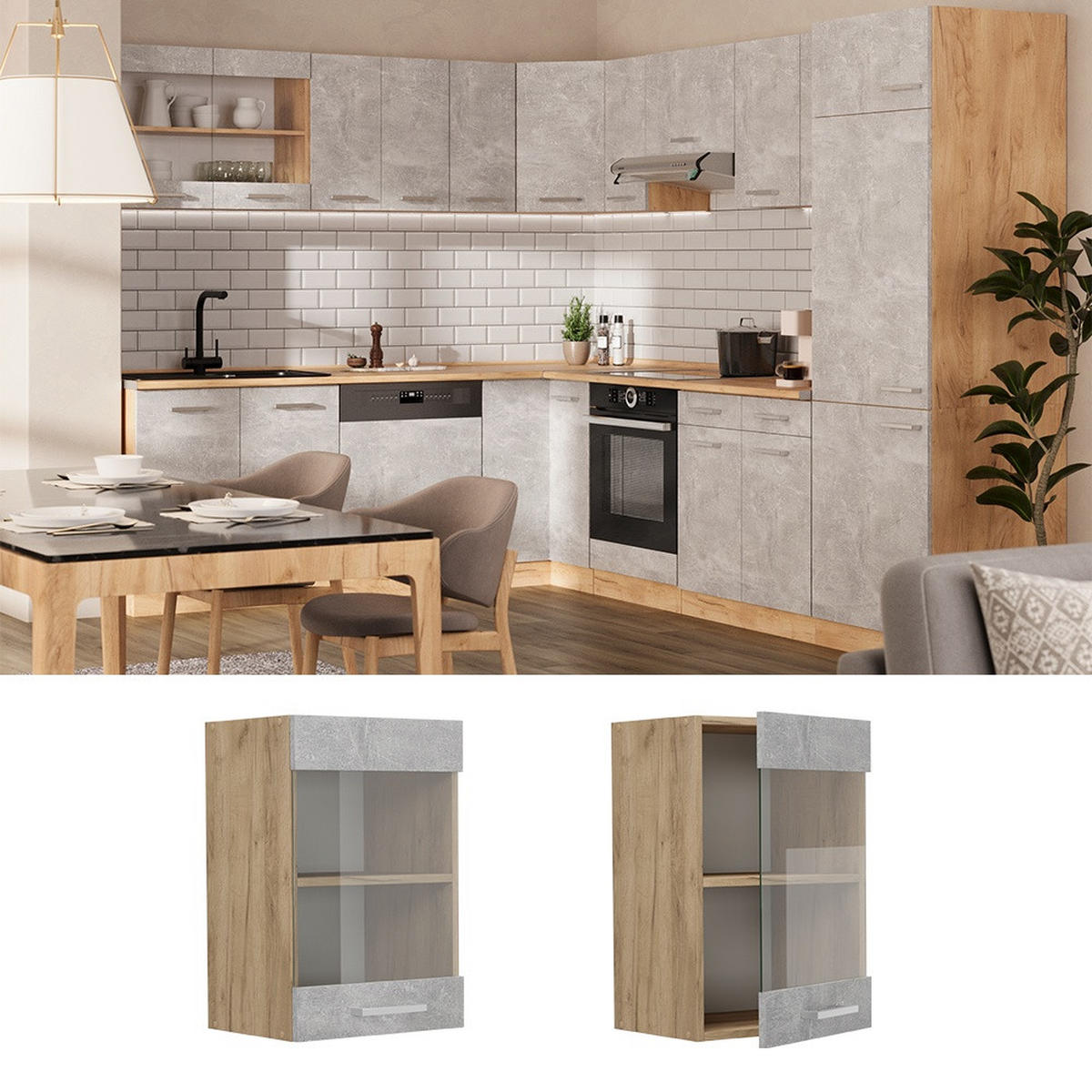 KÜCHENGLASSCHRANK R-Line Beton 40 cm - Honigeiche/Grau, Holzwerkstoff (40/60/31cm) - Vicco