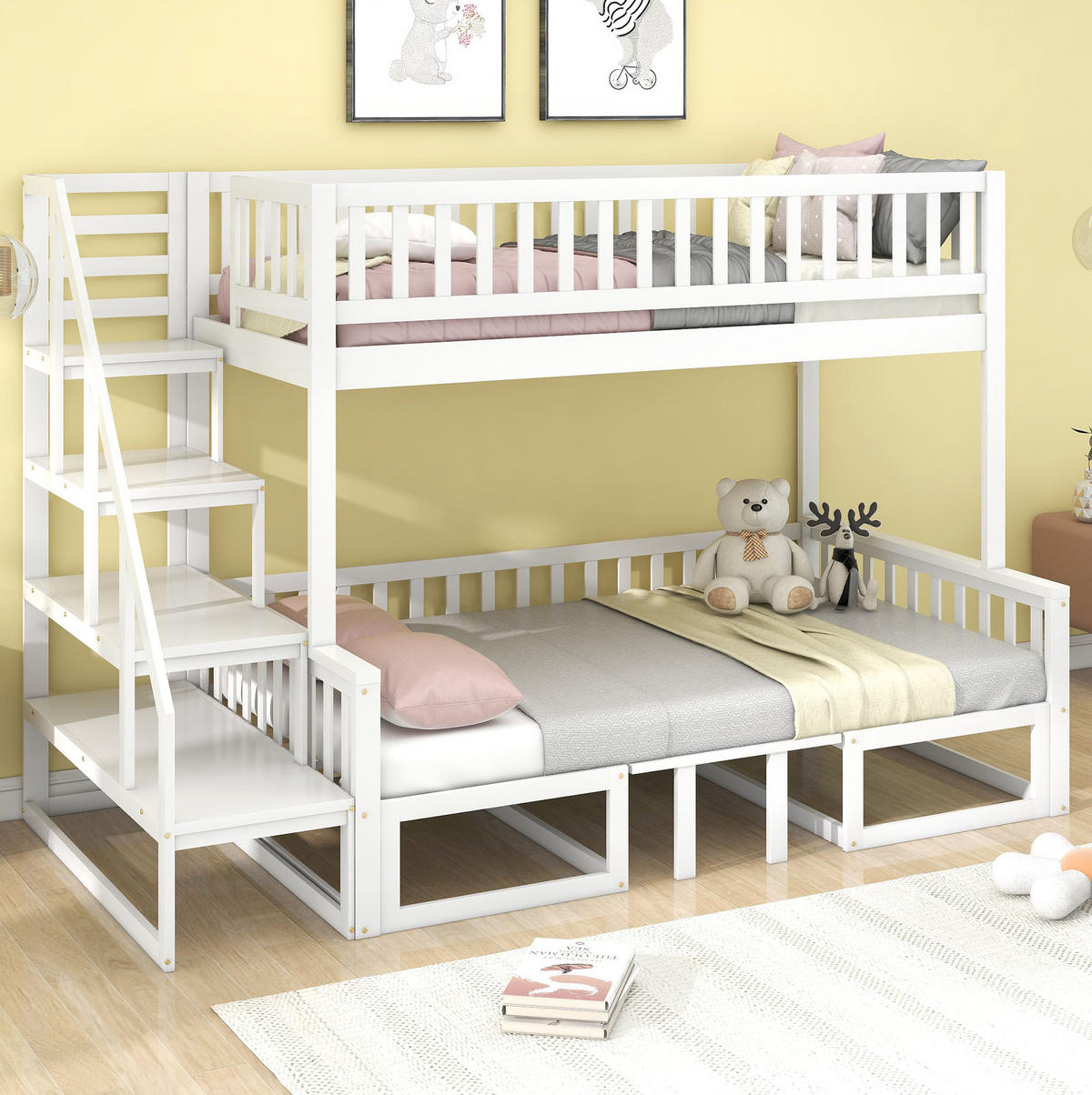 ETAGENBETT 90/200 cm Weiß mit Treppe und verstellbarem Tisch aus Kiefernholz - Weiß, Holzwerkstoff (90/200cm) - OKWISH