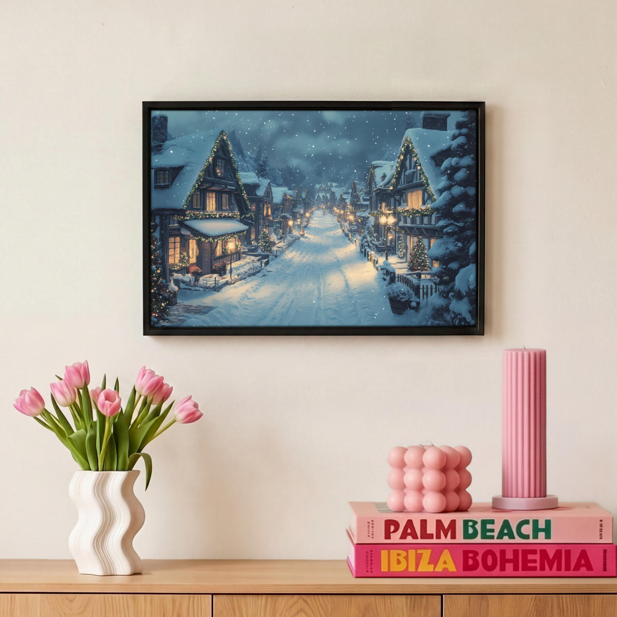 LEINWAND Bilder mit Rahmen - Weihnachtsdorf - Weihnachten - Schnee - Winter - 30x20 - Dunkelblau, Textil (30/20cm) - MuchoWow
